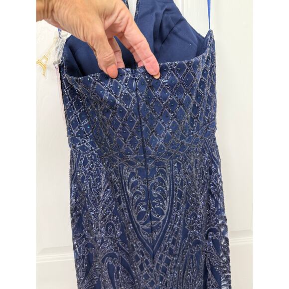 Abby Paris 90011 Formal midnight blue Glitter Gown 8 halter open back NWT $269 - Picture 9 of 14